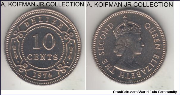 KM-35, 1974 Belize 10 cents; copper-nickel, reeded edge; Elizabeth II, first year of the type, 100,000 minted, proof-like choice uncirculated.