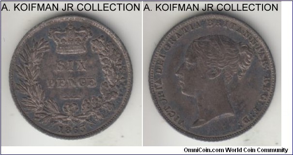 KM-733.1, 1863 Great Britain 6 pence; silver, reeded edge; Victoria, without the die number, smallest mintage for the type but not the scarcest coin, dark toned very fine to good very fine.