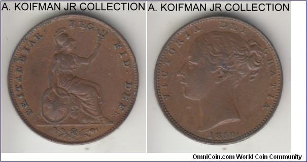 KM-725, 1850 Great Britain farthing; copper, plain edge; Victoria, common despite having one of the smallest mintages for the type, overdate but not number under 5 is not clear, does not look lik common 4 overdate, good very fine details with strong problem free rims, old cleaning.