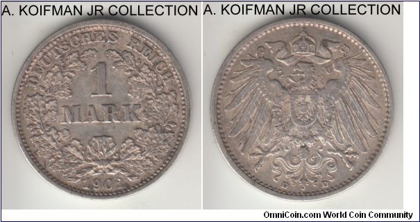 KM-14, 1902 Germany (Empire) mark, Munich mint (D mint mark); silver, reeded edge; Wilhelm II, smaller mintage but not scarce, extra fine or so.