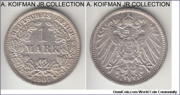 KM-14, 1907 Germany (Empire) mark, Hamburg mint (J mint mark); silver, reeded edge; Wilhelm II, good extra fine to almost uncirculated details, cleaned.