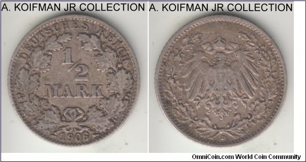 KM-17, 1906 Germany (Empire) 1/2 mark, Munich mint (D mint mark); silver, reeded edge; Wilhelm II, common, toned good fine to almost very fine, based on reverse eagle.