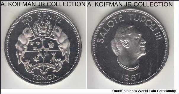 KM-9, 1967 Tonga 50 seniti, London mint; proof, copper-nickel, plain edge; Salote Tupou III, mintage 5,000 in proof, light cameo specimen.