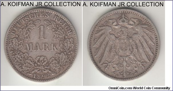 KM-14, 1892 Germany mark, Munich mint (D mint mark); silver, reeded edge; Wilhelm II, scarcer year, definite very fine.