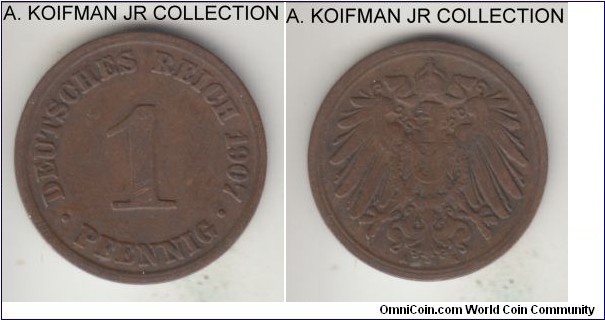 KM-10, 1907 German (Empire) pfennig, Berlin mint (A mint mark); copper, plain edge; Wilhelm I, brown very fine or almost.