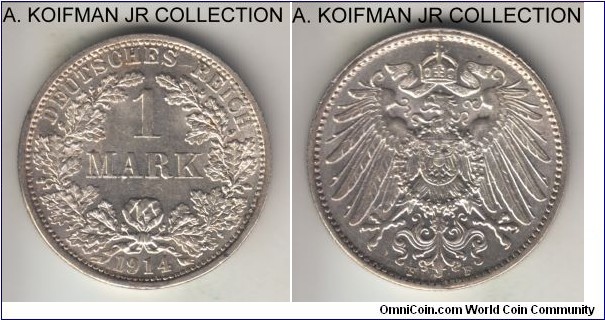KM-14, 1914 Germany (Empire) mark, Stuttgart mint (F mint mark); silver, reeded edge; Wilhelm II, choice bright uncirculated.