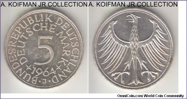 KM-112.1, 1964 Germany 5 marks, Hamburg mint (J mint mark); silver, lettered edge; circulation issue and smaller mintage, choice uncirculated.