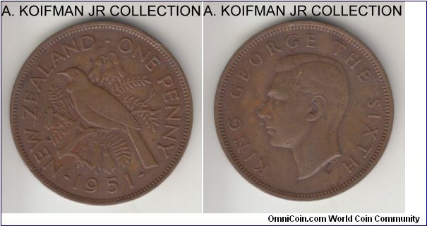 KM-21, 1951 New Zealand penny; bronze, plain edge; George VI, average circulated very fine or almost.