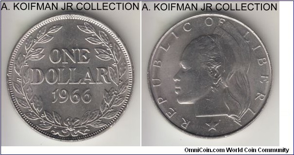 KM-18a.1, 1966 Liberia dollar, Royal Mint (London); copper-nickel, reeded edge; 1-year type and uncrimmon in high grades, nice uncirculated specimen.