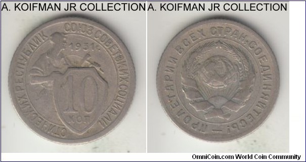 Y#95, 1931 Russia (USSR) 10 kopeks; copper nickel, reeded edge; first year of the type, good details despite low relief and virtually no protection from the rims, good very fine.