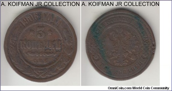 Y#11.2, 1906 Russia (Empire) 3 kopeks, St. Petersburg mint (СПБ mint mark); copper, reeded edge; Nicolas II, brown well criculated, very good details, some dirt and corrosion.