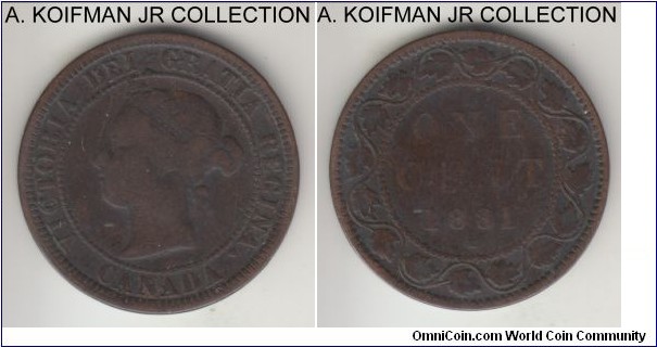 KM-7, 1881 Canada cent, Heaton mint (H mint mark); bronze, plain edge; Victoria, dark brown and well circulated, good or around.