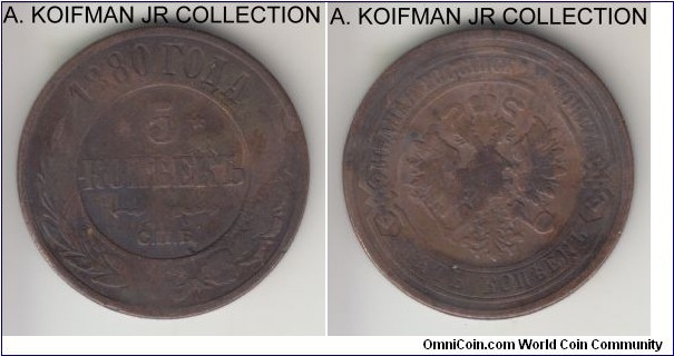 Y#12.2, 1880 Russia (Empire) 5 kopeks, St. Petersburg mint (СПБ mint mark); copper, reeded edge; Alexander II, brown very good to fine details, some discoloration and some flan damage.