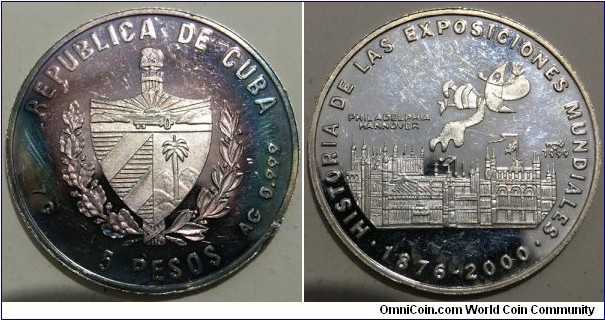 5 Pesos (2nd Republic of Cuba / Series: History of the world expositions - Expo 2000 Philadelphia // SILVER 0.999 / 7g / ⌀30mm / Low Mintage: 31.250 pcs / PROOF)
