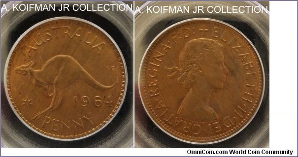KM-56, 1964 Australia penny, Melbourne mint (no dot after PENNY); bronze, plain edge; Elizabeth II, last pre-decimal, PCGS graded MS63RB.