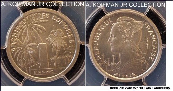 KM-E1, 1964 Comoros franc, Paris mint; essai, aluminum, plain edge; mintage 1,700, PCGS graded SP66.