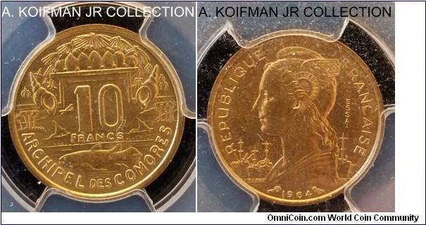 KM-E4, 1964 Comoros 10 francs, Paris mint; essai, aluminum-bronze, plain edge; mintage 1,700, PCGS graded SP65.