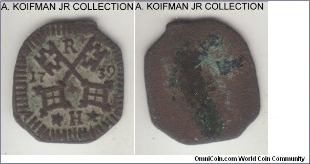 KM-237, 1739 German States Free City of Regensburg heller; copper, uniface; good fine to very fine or so.