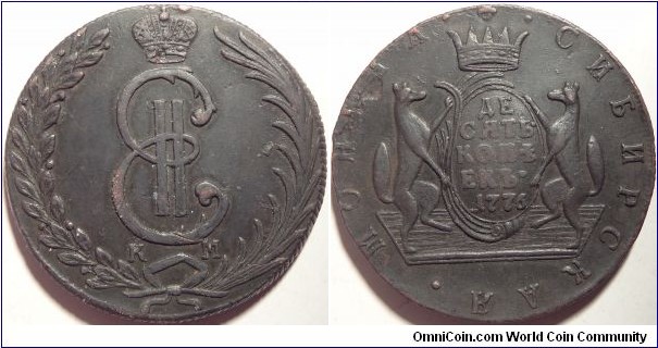 AE 10 Kopeck 1776 KM, Siberian regional coinage. New type for 1776 with a berry at the end of the laurels. 