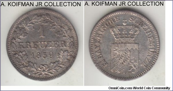 KM-858, 1859 German State Bavaria kreuzer; silver, plain edge; King Maximilian II, uncirculated or almost.