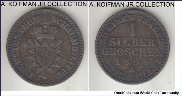 KM-44, 1858 German States Schaumburg-Lippe silber groschen; silver, plain edge; Prince Georg Wilhelm, 1-year type, darker toned very fine or so.