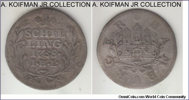 KM-354, 1758 German States Free City of Hamburg schilling; silver, thin flan, plain edge; good to very good, slightly bent.
