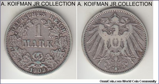 KM-14, 1903 Germany (Empire) mark, Hamburg mint (J mint mark); silver, reeded edge; Wilhelm II, smaller mintage mint, fine or so, cleaned.