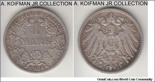 KM-14, 1904 Germany (Empire) mark, Berlin mint (A mint mark); silver, reeded edge; Wilhelm II, very fine or about.