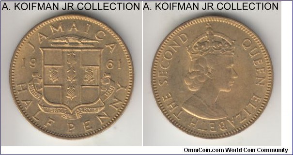 KM-37, 1961 Jamaica penny; nickel-brass, plain edge; Elizabeth II, mostly bright red uncirculated.