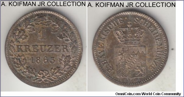 KM-858, 1863 German State Bavaria kreuzer; silver, plain edge; King Maximilian II, toned uncirculated.