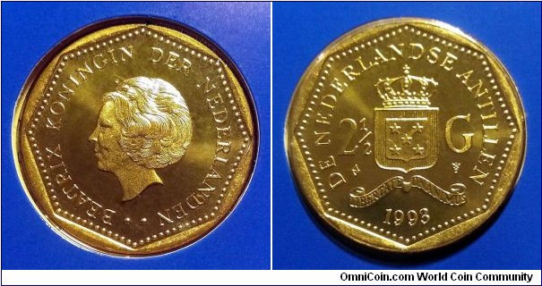 Netherlands Antilles 2 1/2 gulden from 1993 mint set. Mintage: 8.560 pcs.