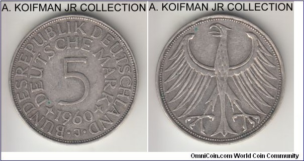 KM-112.1, 1960 Germany (Federal Republic) 5 mark, Hamburg mint (J mint mark); silver, lettered edge; small mintage year, very fine or almost.