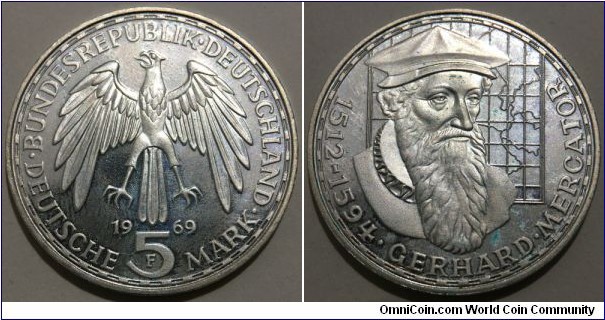 5 Deutsche Mark (West Germany - Federal Republic / 375th Anniversary of the death of Gerhard Mercator // SILVER 0.625 / 11.2g / ⌀29mm / Mintage: 200.000 pcs / PROOF) 