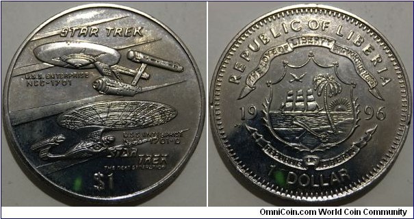 1 Dollar (Republic of Liberia / Series: Star Trek - Star Ships NCC-1701 and NCC-1701-D // Copper-Nickel) 
