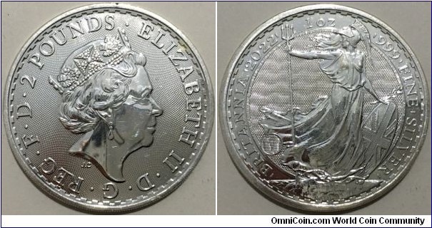 2 Pounds (United Kingdom / Queen Elizabeth II / Series: Silver Britannia // SILVER 0.999 / 31.21g / ⌀38.61mm / Thickness: 3mm) 