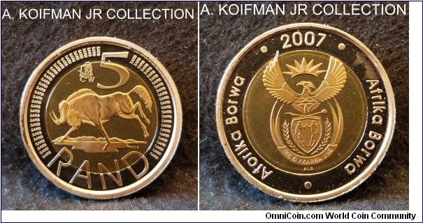 KM-346, 2007 South Africa 5 rands; bimetallic, security reeded edge; 2-year type, specimen struck with old Oom Paul press with respective CW privy mark, mintage 2,354 (Numista), uncirculated with COA.