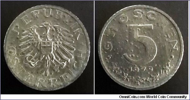 Austria 5 groschen from 1979 proof coin set. Plenty of bubbles on both sides. This is sometimes a effect that occurs on zinc coins.