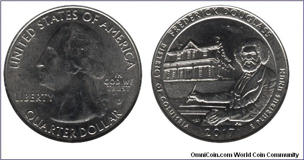 USA, 1/4 dollar, 2017, Cu-Ni, 24.26mm, 5.67g, MM: D, G. Washington, Frederick Douglass National Historic Site, District of Columbia