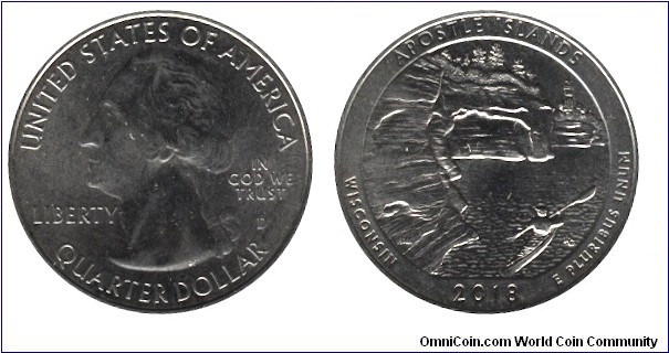 USA, 1/4 dollar, 2018, Cu-Ni, 24.26mm, 5.67g, MM: D, G. Washington, Apostle Islands, Wisconsin.