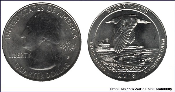 USA, 1/4 dollar, 2018, Cu-Ni, 24.26mm, 5.67g, MM: P, G. Washington, Block Island, Rhode Island.