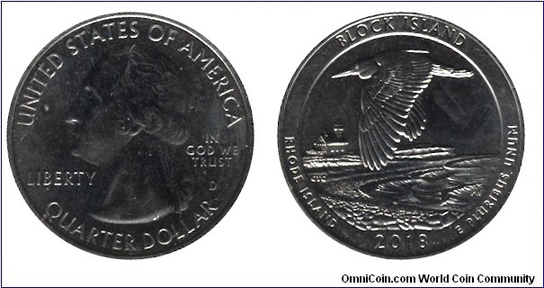 USA, 1/4 dollar, 2018, Cu-Ni, 24.26mm, 5.67g, MM: D, G. Washington, Block Island, Rhode Island.