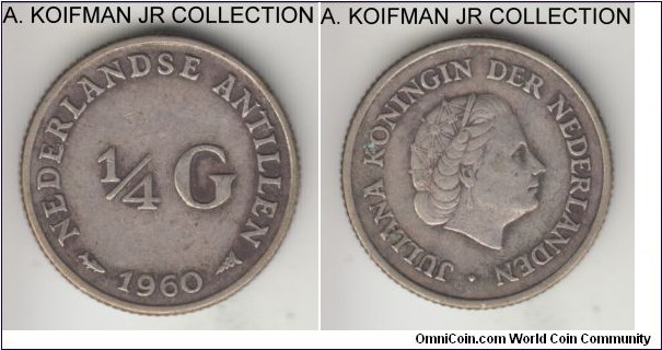 KM-4, 1960 Netherlands Antilles 1/4 gulden; silver, reeded edge; Juliana, average circulated.