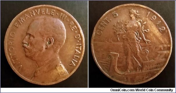 Italy 5 centesimi. 1912, Victor Emmanuel III. Rare. Key date.