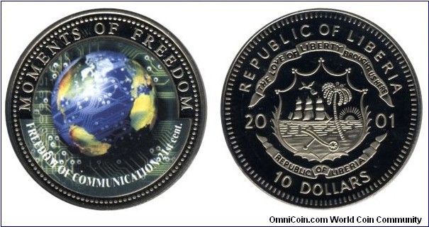 Liberia, 10 dollars, 2001, Cu-Ni, 28.5g, 38.61mm, Moments of Freedom, Freedom of Communication - 21st cent.