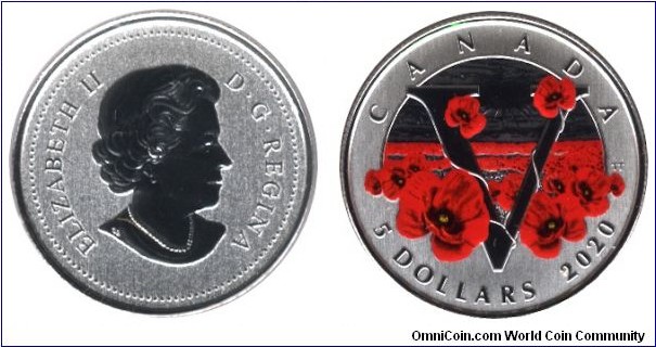 Canada, 5 dollars, 2020, Ag, 27mm, 7.96g, coloured, Queen Elizabeth II, Remembrance Day.