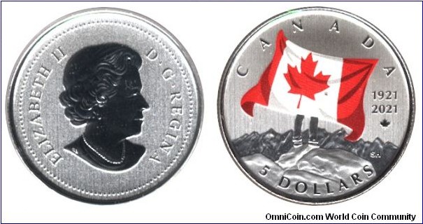 Canada, 5 dollars, 2021, Ag, 27mm, 7.96g, coloured, Queen Elizabeth II, 100th Anniversary of Canada's National Colours.