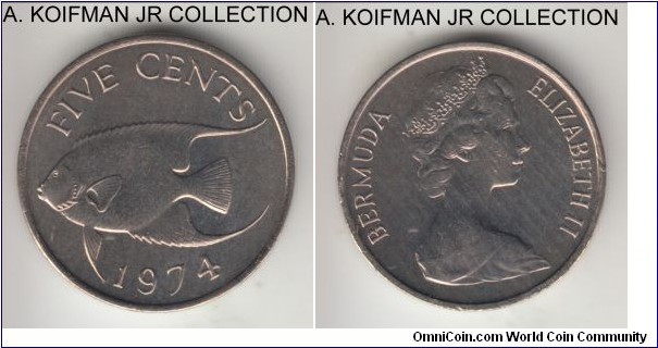 KM-16, 1974 Bermuda 5 cents; copper-nickel, plain edge; Elizabeth II, uncirculated.