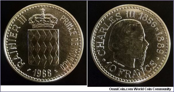 Monaco 10 francs. 1966, Accession of Prince Charles III. Ag 900. Weight; 25g. Diameter; 37mm. Mintage: 62.000 pcs.