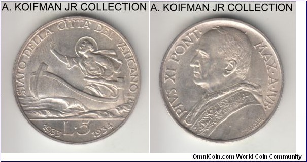 KM-17, 1933-34 Vatican 5 lire; silver, plain ornamented edge; Jubilee year of Pius XI , 1-year type, mintage 50,000, white choice uncirculated.