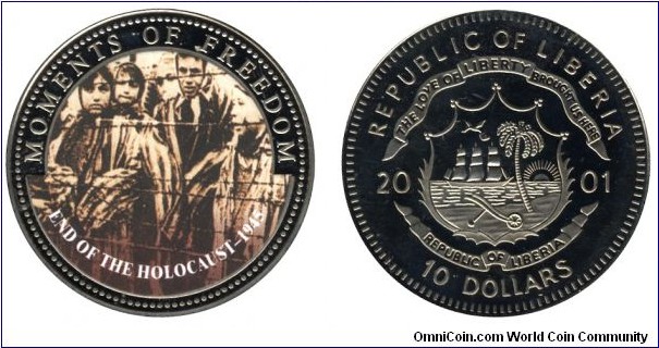Liberia, 10 dollars, 2001, Cu-Ni, coloured, 28.5g, 38.61mm, Moments of Freedom, End of the Holocaust - 1945.